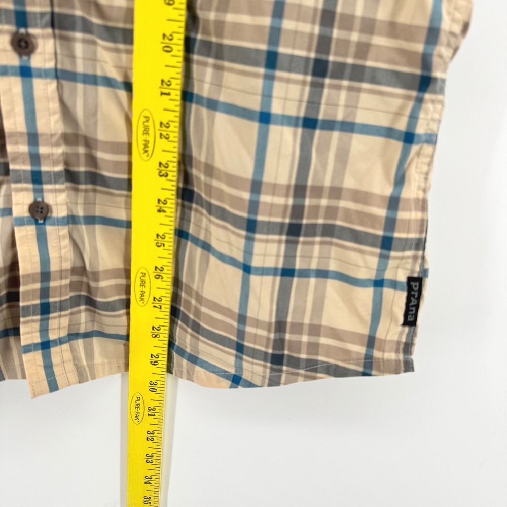 Prana Plaid Shirt Mens Large Tan Blue Short Sleeve Button Down Stretch Casual - Picture 5 of 7
